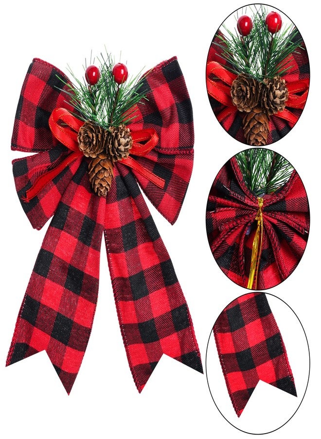 SUMERSHA 4 Pieces Buffalo Plaid Wreath Bow with Pinecones Red Check Bow Ribbon for Wreath Garland Christmas Tree Topper Ornament, Party Decoration, Gifts Wrapping - Image 3